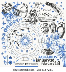 Hand drawn aquarius zodiac sign illustration, horoscope background with astrology symbols and talismans. Zodiac wheel, planets, sun, moon, star constellations.
