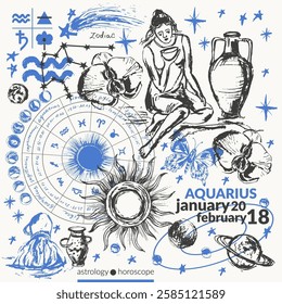 Hand drawn aquarius zodiac sign illustration, horoscope background with astrology symbols and talismans. Zodiac wheel, planets, sun, moon, star constellations.
