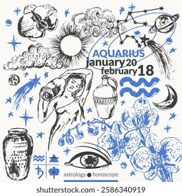 Hand drawn aquarius zodiac sign illustration, horoscope background with astrology symbols and talismans. Zodiac wheel, planets, sun, moon, star constellations.
