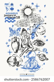 Hand drawn aquarius zodiac sign illustration, horoscope background with astrology symbols and talismans. Zodiac wheel, planets, sun, moon, star constellations.
