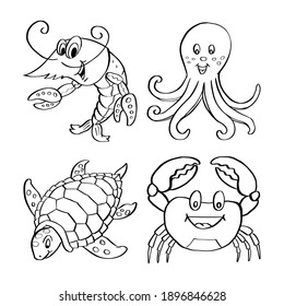 Hand Drawn Aquatic Animal Collection Coloring Stock Vector (Royalty ...