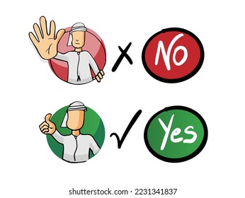 hand drawn arab characters showing yes and no signs with 