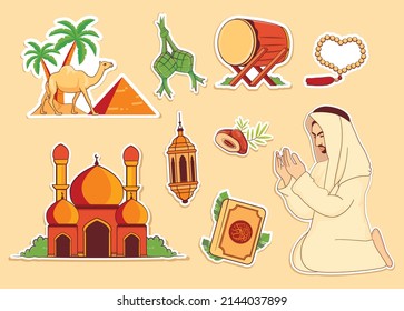 Hand drawn arab man and other muslim element sticker collection for ramadan and eid mubarak