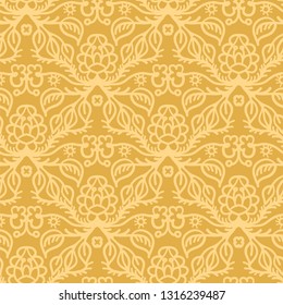 Hand drawn arabesque floral ornament damask illustration. Seamless vector mustard yellow pattern. Baroque roccoco style all over print. Intricate decorative line art for wallpaper, elegant home decor