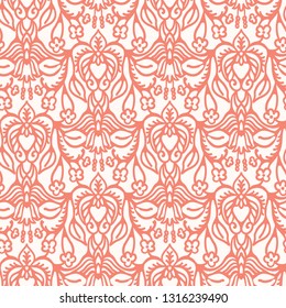 Hand drawn arabesque floral ornament damask illustration. Seamless vector coral pattern. Baroque roccoco style all over print. Intricate decorative line art for stylish wallpaper, elegant home decor