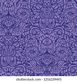 Hand drawn arabesque floral ornament damask illustration. Seamless vector purple lilac pattern. Baroque roccoco style all over print. Intricate decorative line art for wallpaper, elegant home decor.