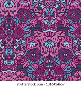 Hand drawn arabesque floral ornament damask illustration. Seamless vector purple lilac pattern. Baroque roccoco style all over print. Intricate decorative line art for wallpaper, elegant home decor.