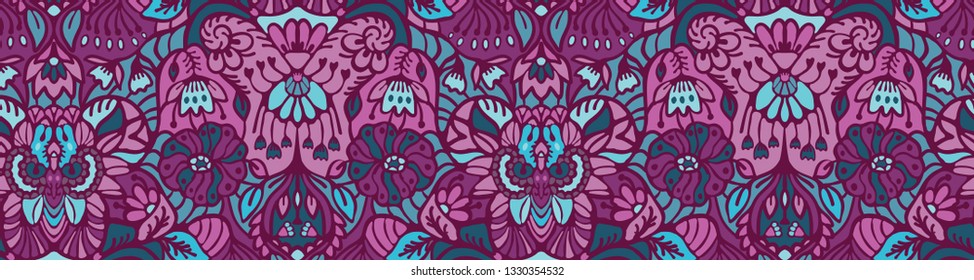 Hand drawn arabesque floral ornament. Border ribbon damask illustration. Seamless vector purple lilac pattern. Baroque roccoco style. Intricate decorative line art edging trim, elegant home decor.
