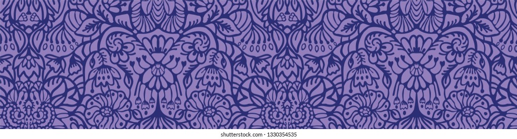 Hand drawn arabesque floral ornament. Border ribbon damask illustration. Seamless vector purple lilac pattern. Baroque roccoco style. Intricate decorative line art edging trim, elegant home decor.