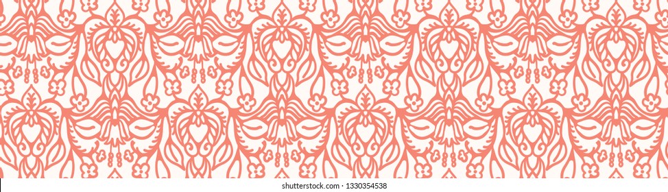 Hand drawn arabesque floral ornament. Border ribbon damask illustration. Seamless vector coral peach pattern. Baroque roccoco style. Intricate decorative line art edging trim, elegant home decor.