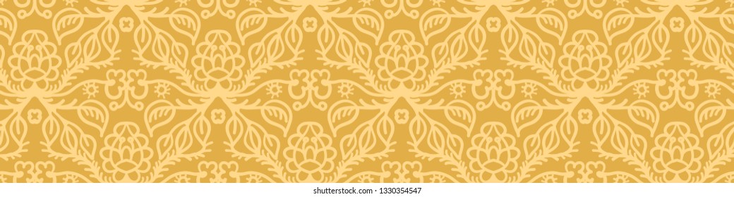 Hand drawn arabesque floral ornament. Border ribbon damask illustration. Seamless vector mustard yellow pattern. Baroque roccoco style. Intricate decorative line art edging trim, elegant home decor.