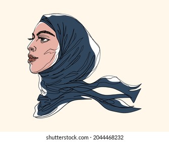 Hand drawn arabian woman in dark blue headscarf, side view. Beautiful fashion portrait. Sketching illustration.