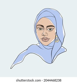 Mujer arabia dibujada a mano con pendientes y pañuelo en la cabeza. Hermoso retrato de moda, ilustración de bocetos.