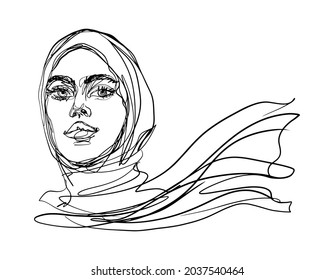 Hand drawn arabian woman in headscarf. Beautiful confident lady, fashion portrait, outline illustration.