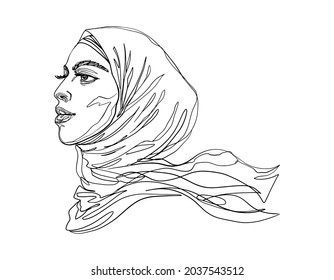 Hand drawn arabian woman in headscarf, side view. Beautiful fashion portrait. Sketching illustration.