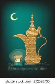 Hand Drawn Arabic Coffee Pot locally called Dallah used mostly in Gulf or Arab countries to serve khaleeji coffee. Shown are the Ramadan Crescent Moon and Candle light holder. Editable Vector EPS10.