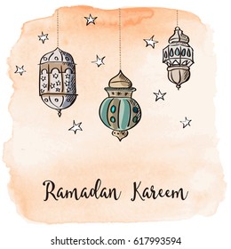 Hand drawn arabic lamps, lanterns with orange watercolor background and stars. Greeting card, invitation for Muslim community holy month Ramadan Kareem. Vector illustration. 