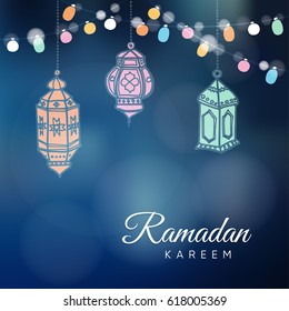 Hand drawn Arabic lamps, lanterns with a string colorful light bulbs. Greeting card, invitation for Muslim community holy month Ramadan Kareem. Vector illustration. 