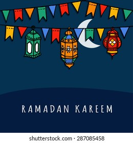 Hand drawn arabic lanterns with decorative flags, vector illustration background for Muslim community holy month Ramadan Kareem