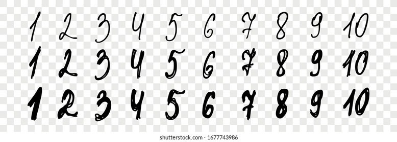 Hand drawn arabic numbers set collection. Pen pencil ink hand drawn arabic numbers. Arithmetic count. Sketch of different figures from 1 to 10 in direct order, math symbols on transparent background.