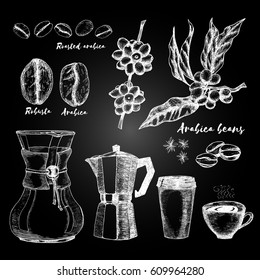 Hand drawn arabica and robusta beans, kemex, cup and mug, geyser coffee. Freehand drawing with imitation of chalk sketch.