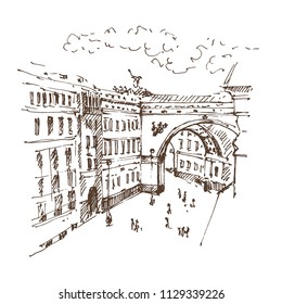 Hand drawn Arch of the General Staff Building. Saint-petersburg, Russia. Vector illustration. Sketch.