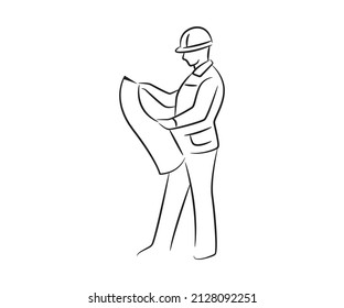 hand drawn architect and engineer reading blueprint illustration