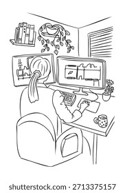 Handgezeichneter Architekt, der am Schreibtisch mit Computerbildschirmen arbeitet, die den Grundriss und die technische Zeichnung im Innenbereich des Heimbüros zeigen. Diese Abbildung stellt den architektonischen Design-Workflow dar