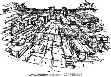 hand drawn architectectural of giant endless urban stucture or city with lots of building and roads a people and mountins in the distance