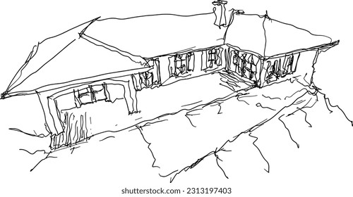 hand drawn architectural sketch of beautiful classic detached village house 