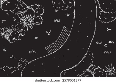 hand drawn architectural sketch of beautiful garden and bush with black background