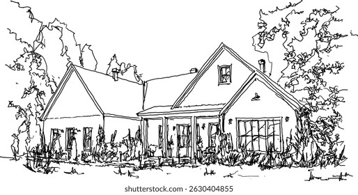 hand drawn architectural sketch of beautiful classic detached village house with garden  and trees