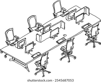 hand drawn architectural sketch of of big office teamwork table for six people with screens and computers and partitions