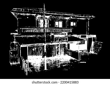 Hand drawn architectural sketch of detached house with flat roof.