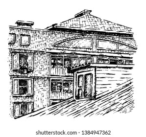 Hand drawn architectural sketch with dormer in the foreground. Design for card, poster or wallpaper. Inc. There is an option in the vector.