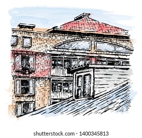 Hand drawn architectural sketch with dormer in the foreground. Design for card, poster or wallpaper. Watercolor splash with hand drawn sketch illustration in vector.