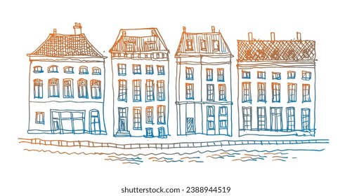 Hand drawn Architectural sketch of fairy tale Dutch houses street panorama on a white background, coloring book page