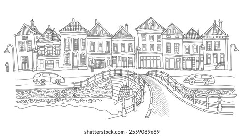 Hand drawn Architectural sketch of fairy tale antique houses street and arch bridge. Coloring book page