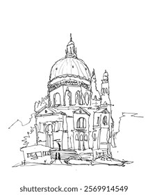 Hand Drawn Architectural Sketch of a Grand Dome Mosque, vector illustration

