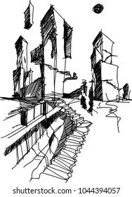 Hand Drawn Architectural Sketch Of A Modern Abstract Architecture With Steep Stairs