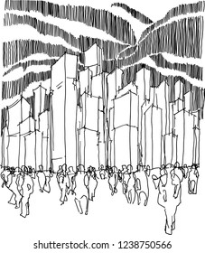 Hand Drawn Architectural Sketch Of A Modern Architecture With High Towers And Lots Of People