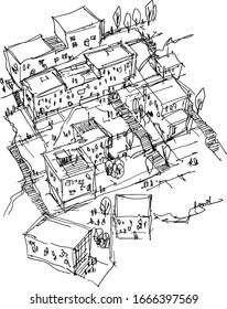 hand drawn architectural sketch of a modern urbanism with buidlings and stairs and trees and people around