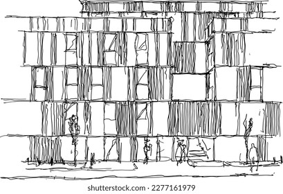 hand drawn architectural sketch of a modern building with wooden cladding, windows and people around