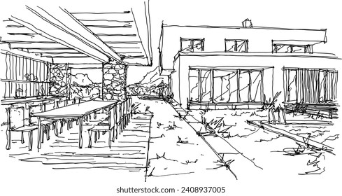 hand drawn architectural sketch of modern two story detached house with flat roof and swimming pool and garden house with table and chairs
