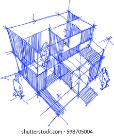 hand drawn architectural sketch of a modern building with people around