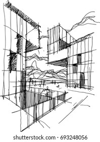 hand drawn architectural sketch of a modern abstract architecture with people around