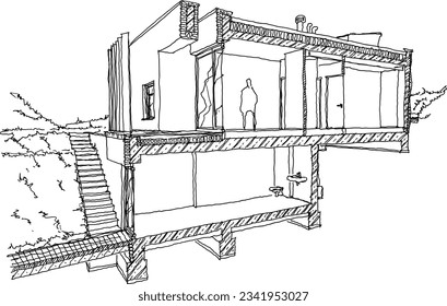 hand drawn architectural sketch of section of modern two story detached house with flat roof and garden