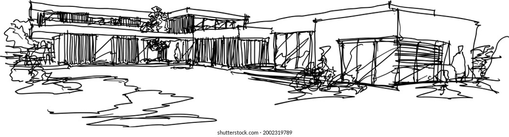 hand drawn architectural sketches of modern two story detached house with flat roof and people around