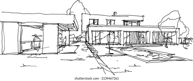 hand drawn architectural sketches of modern one story detached house with garden house and swimming pool and people around