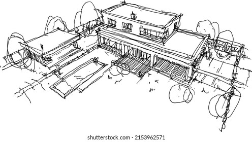 hand drawn architectural sketches of modern one story detached house with garden  and swimming pool and garden house